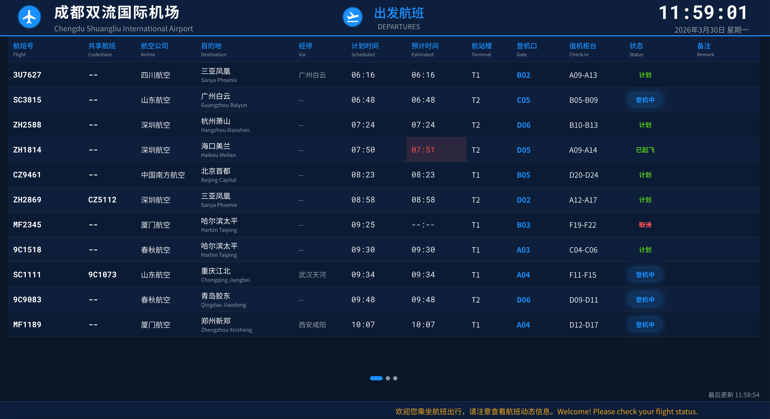 自有 FIDS 产品界面,演示数据